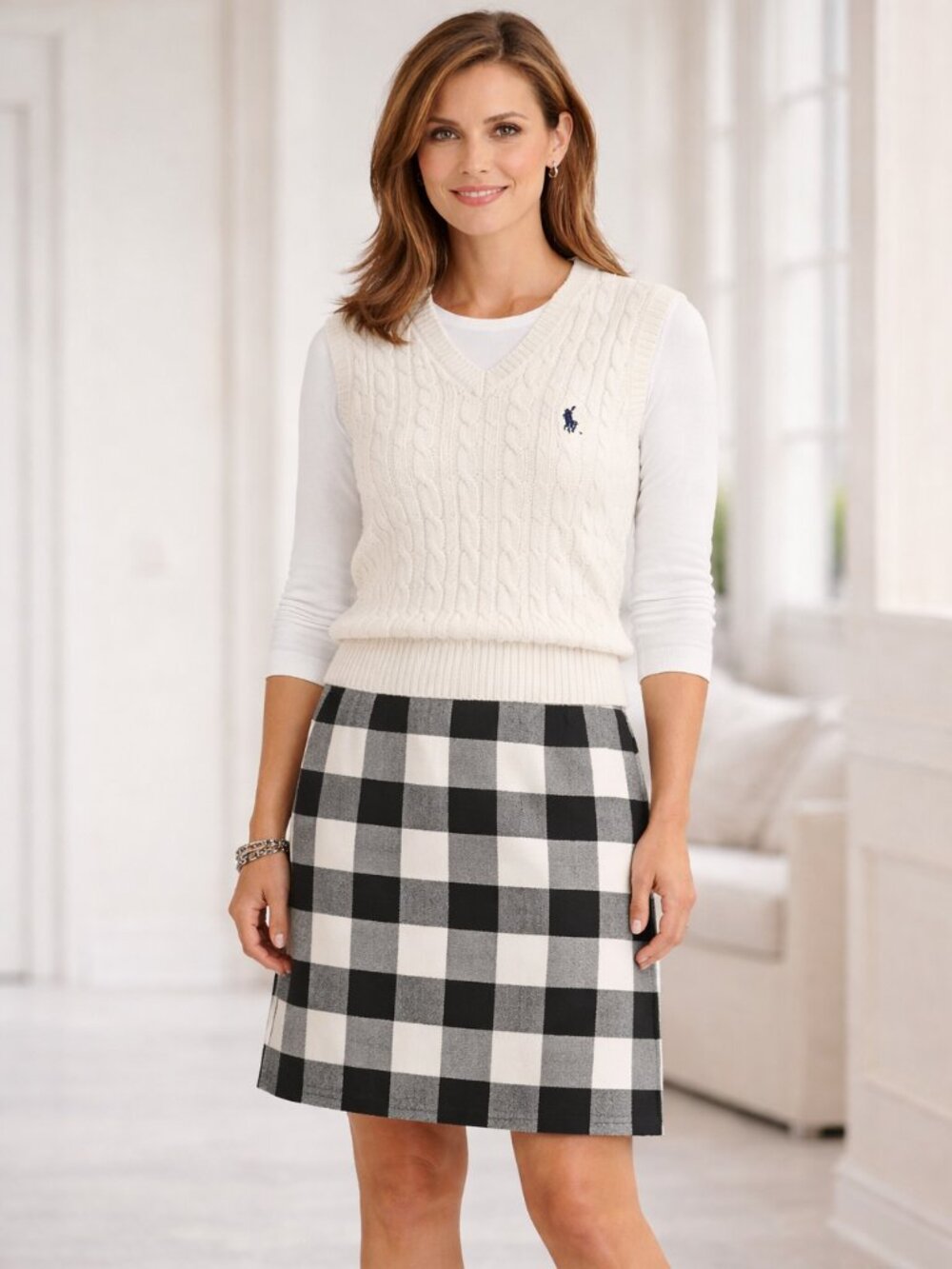 Talbots Petite Silk Shantung Skirt Plaid Black White 8P NWT